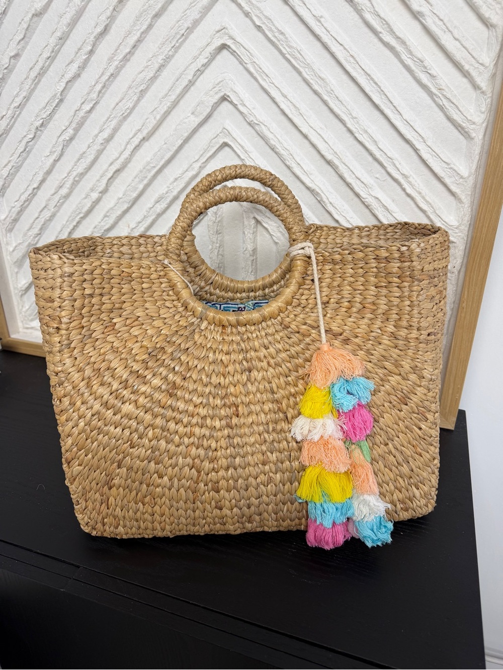 REVOLVE JadeTribe Straw Tote with Colorful Tassel top handle beach bag